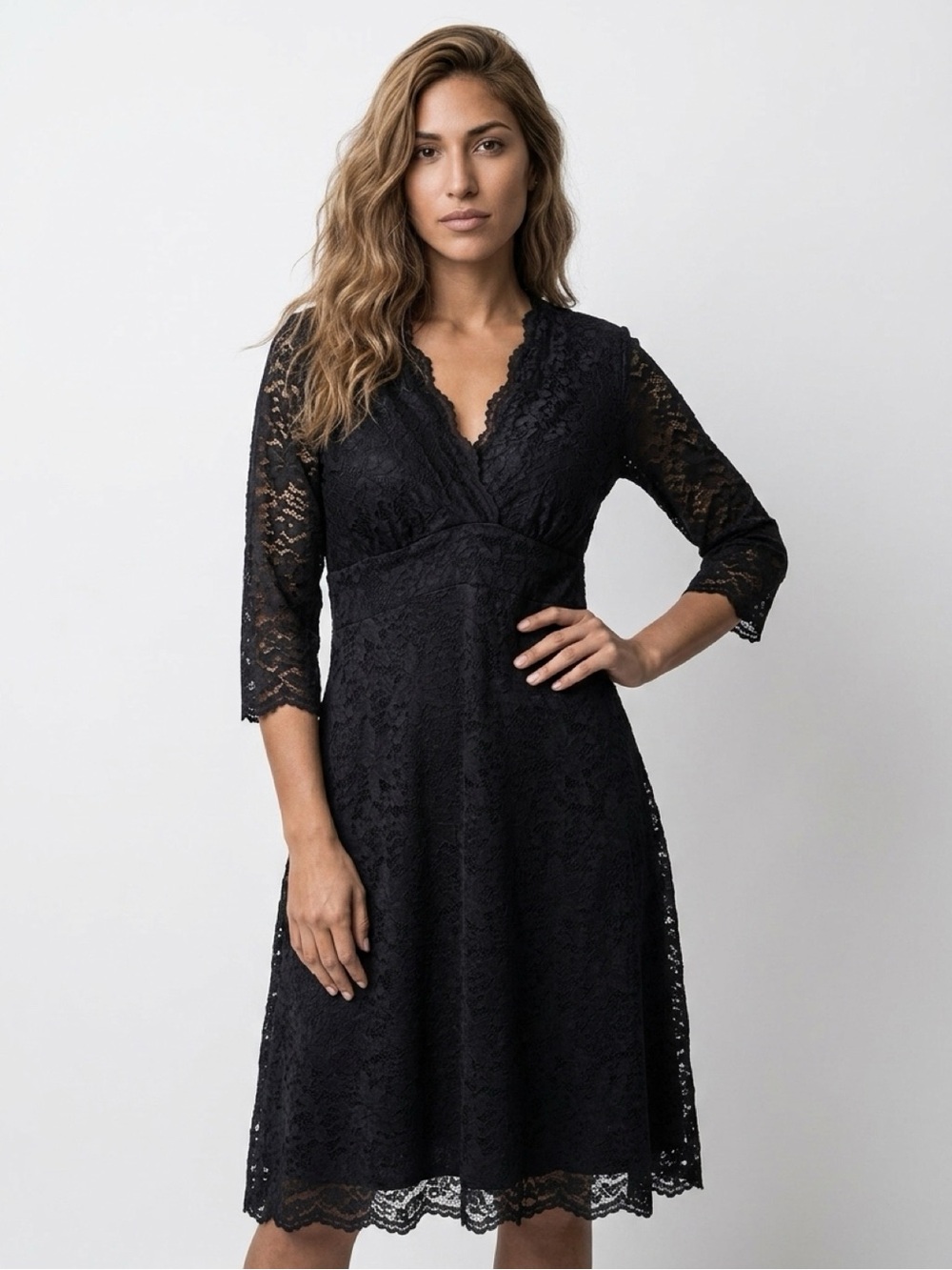 Kiyonna Black Lace V-Neck Long Sleeve Dress